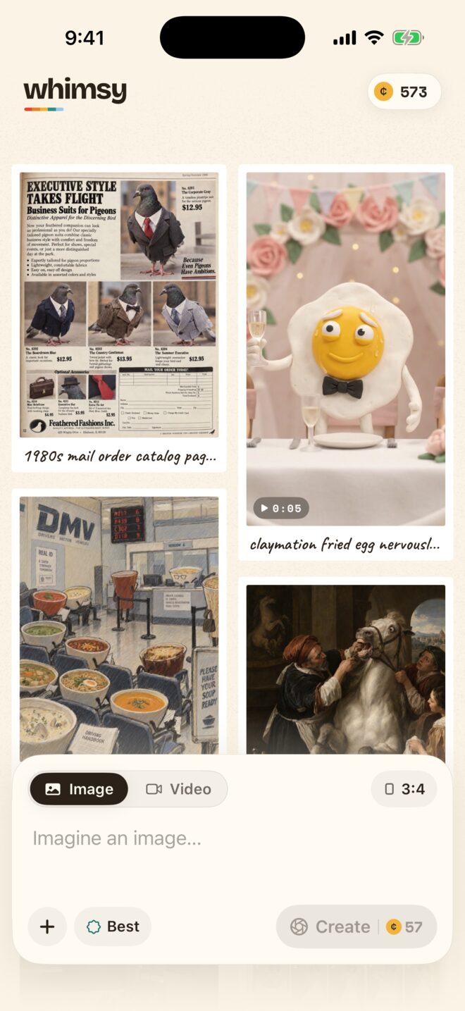 The Whimsy app: a gallery of creations above a single text box.